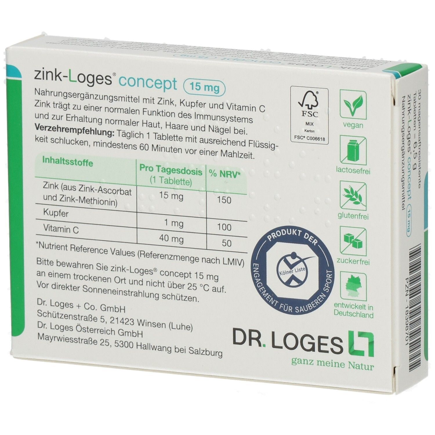 Rückseite der Schachtel zink-Loges concept 15 mg. Produktinformationen, Inhaltsstoffe. Dr. Loges Logo. Grün-weiße Farbgebung.