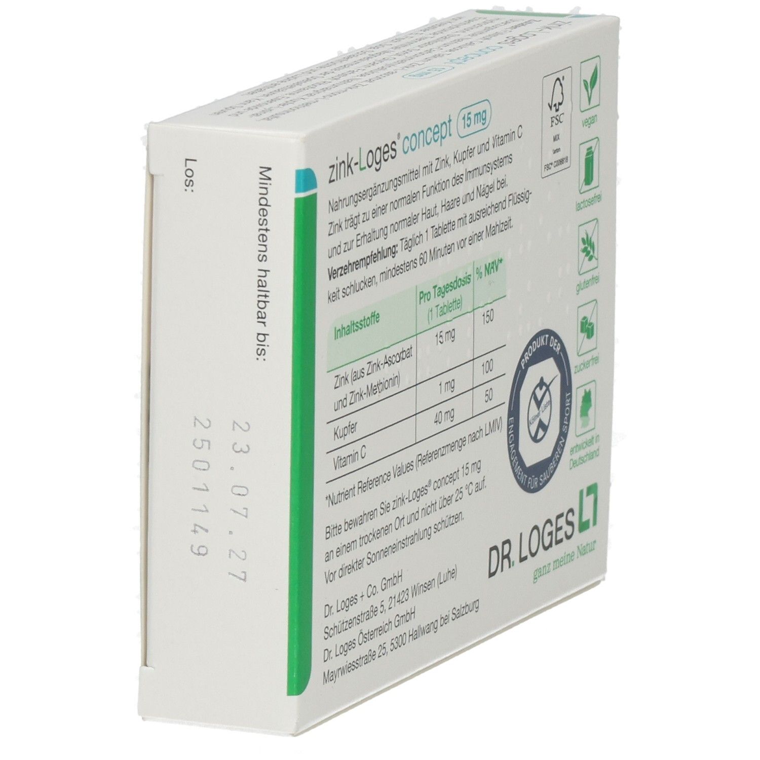 Seitenansicht der Schachtel zink-Loges concept 15 mg. Produktinformationen. Dr. Loges Logo. Grün-weiße Farbgebung.