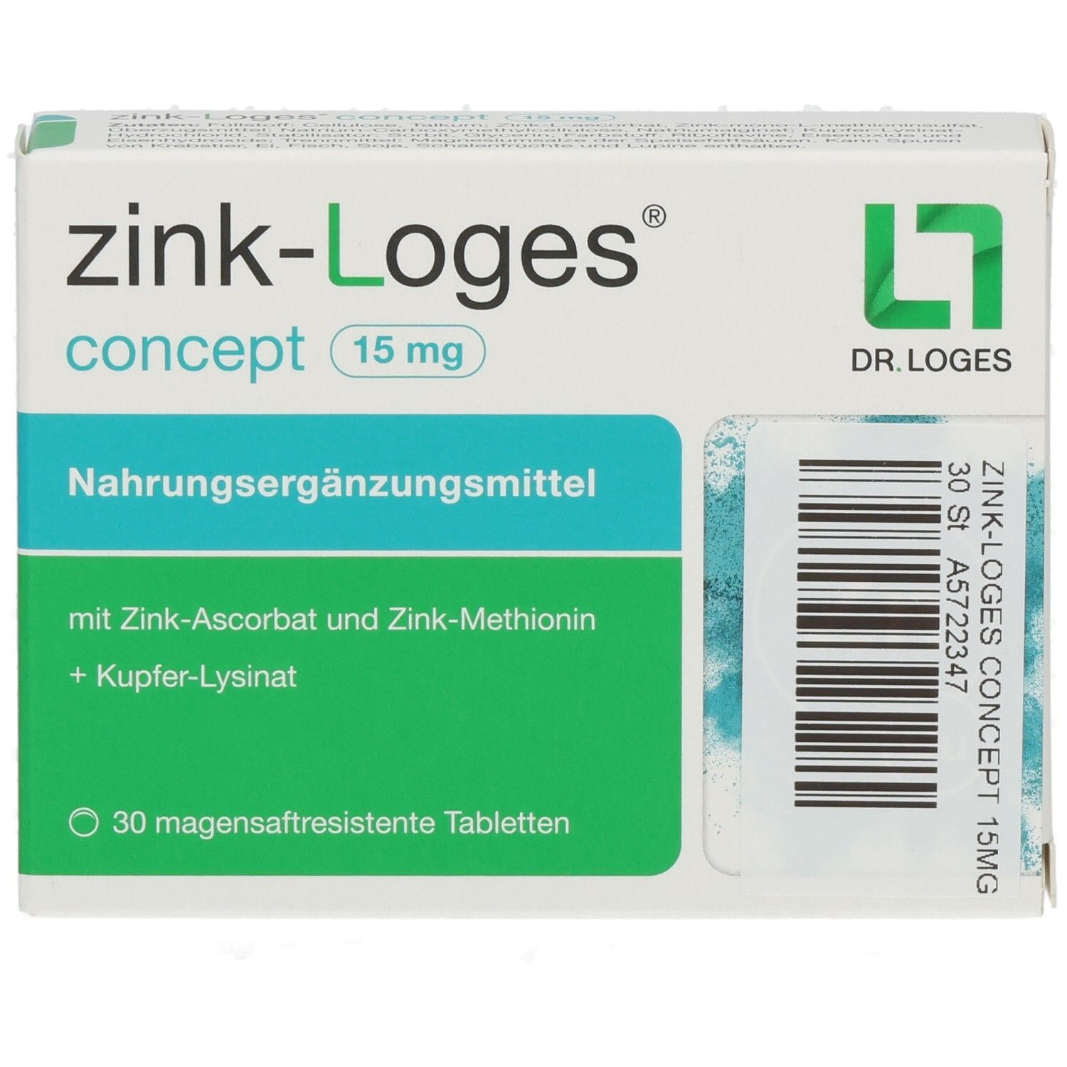 Schachtel zink-Loges concept 15 mg. Aufschrift: zink-Loges concept 15 mg. Grün-weiße Farbgebung. Dr. Loges Logo.