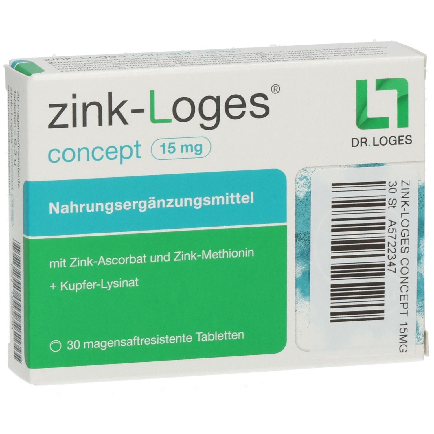 Schachtel zink-Loges concept 15 mg. Aufschrift: zink-Loges concept 15 mg. Grün-weiße Farbgebung. Dr. Loges Logo.