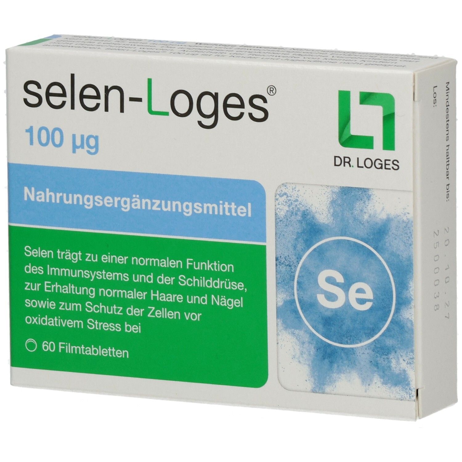 Schachtel Selen-Loges 100 µg. Nahrungsergänzungsmittel. Aufdruck: 60 Filmtabletten. Logo Dr. Loges.