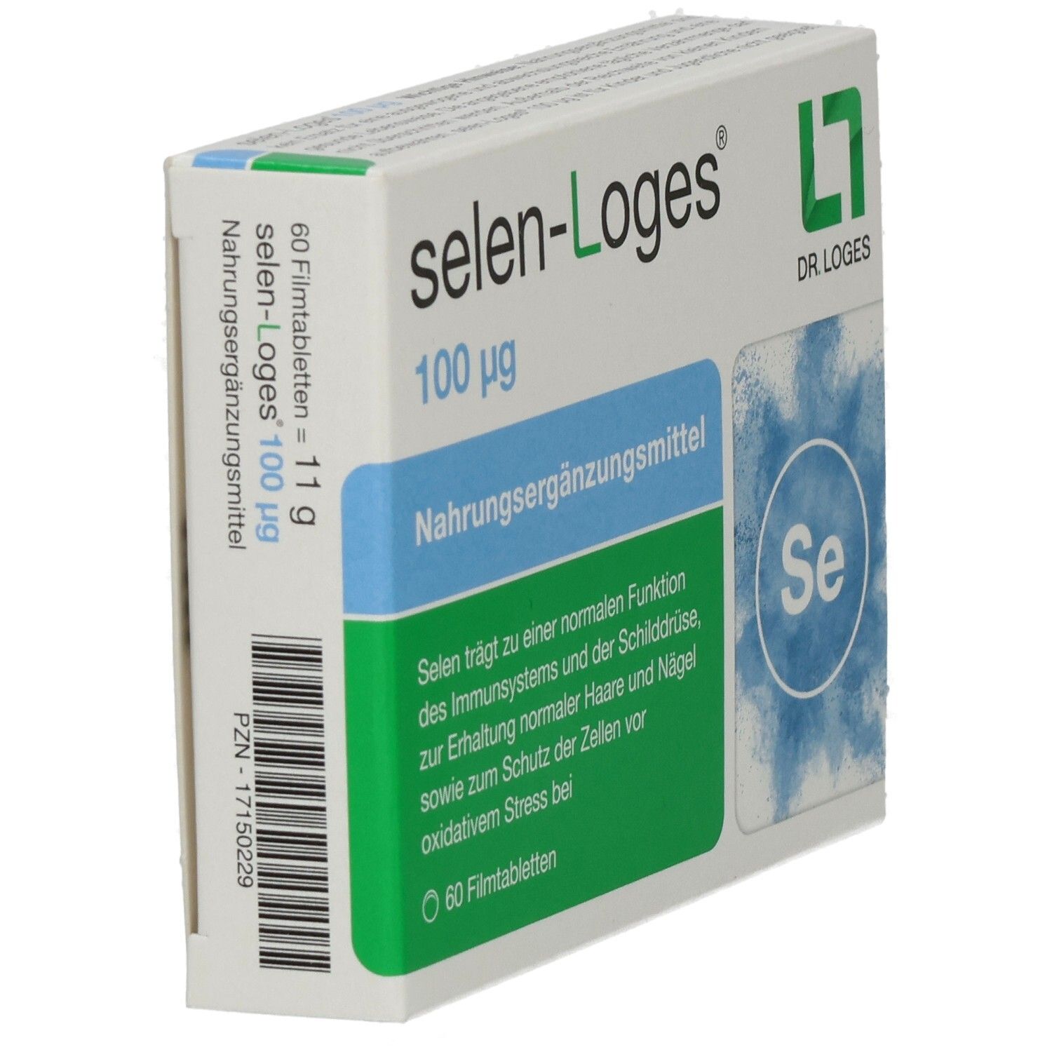 Schachtel Selen-Loges 100 µg. Nahrungsergänzungsmittel. Aufdruck: 60 Filmtabletten. Logo Dr. Loges. Seitenansicht.