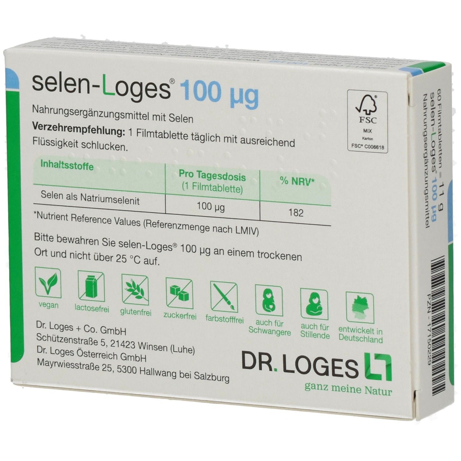 Rückseite der Schachtel Selen-Loges 100 µg. Angaben zu Inhaltsstoffen, Verzehrempfehlung, Hersteller. FSC-Logo.