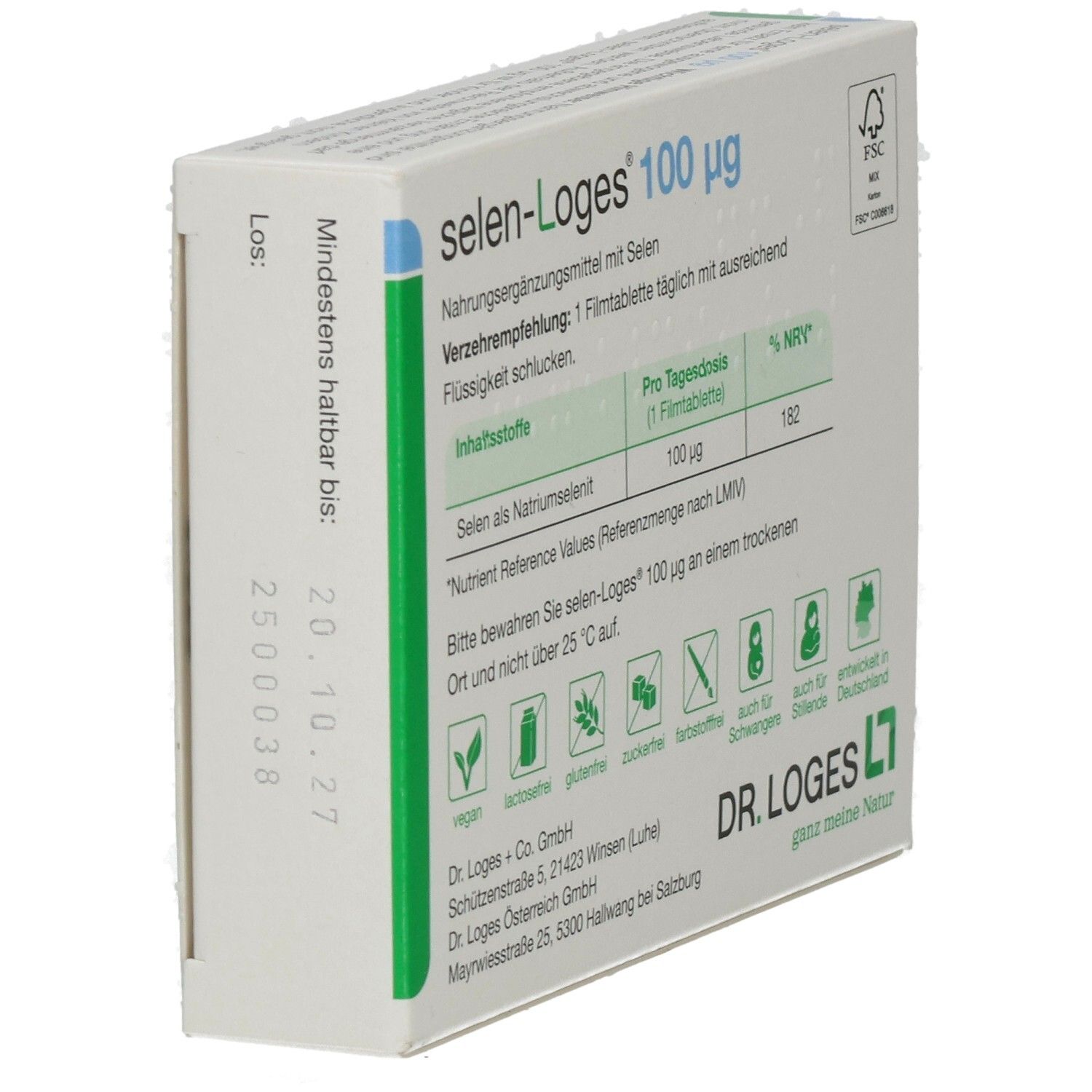 Seitenansicht der Schachtel Selen-Loges 100 µg. Angaben zu Mindesthaltbarkeit und Hersteller.