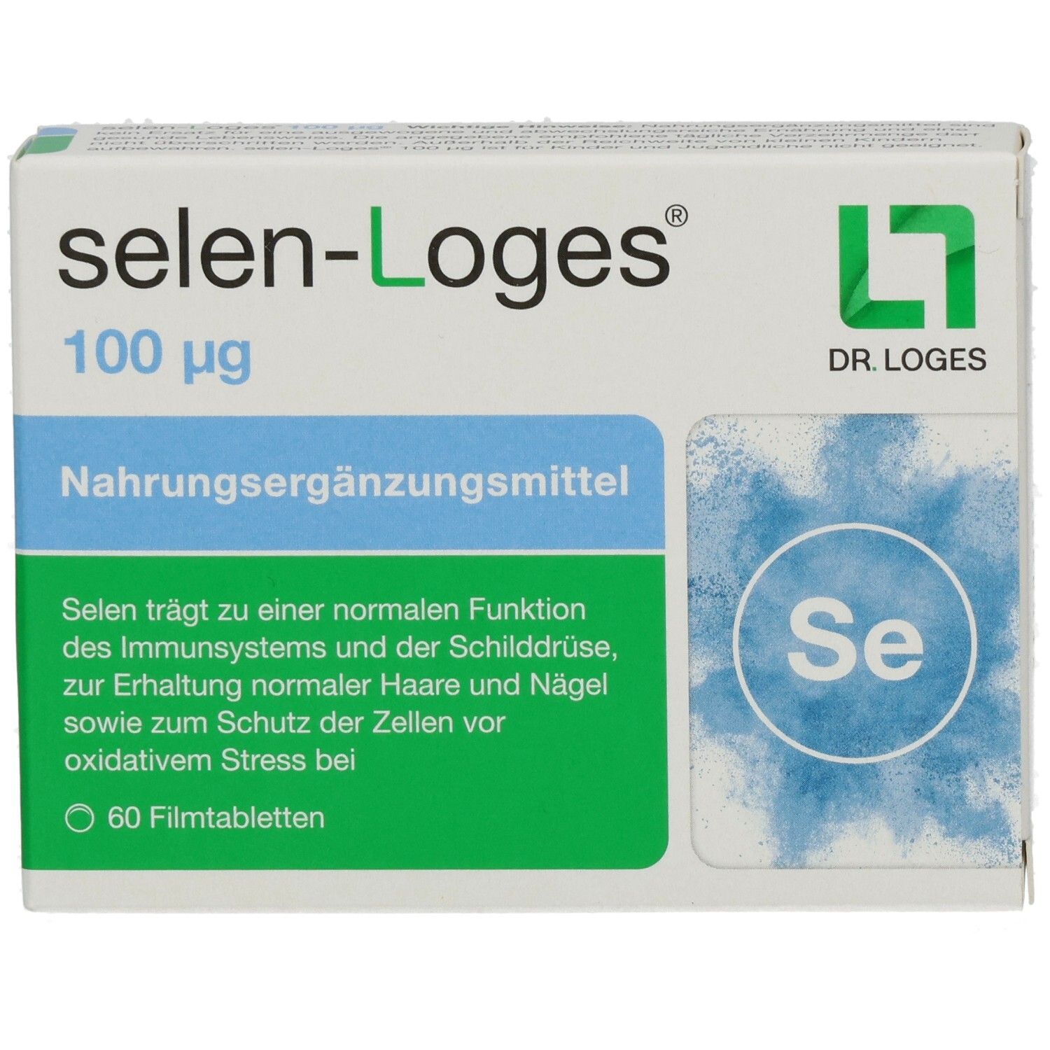 Schachtel Selen-Loges 100 µg. Nahrungsergänzungsmittel. Aufdruck: 60 Filmtabletten. Logo Dr. Loges.
