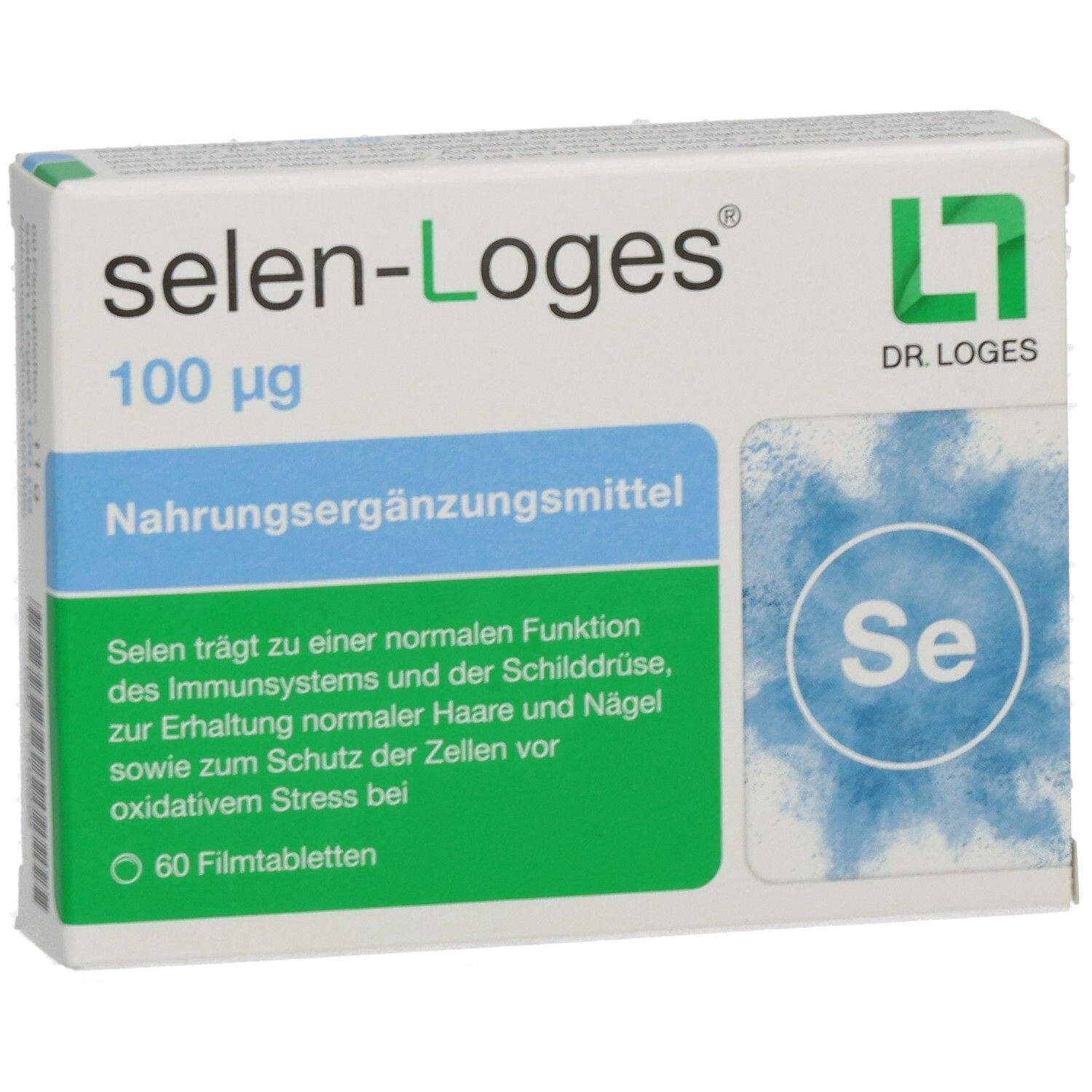 Schachtel Selen-Loges 100 µg. Nahrungsergänzungsmittel. Aufdruck: 60 Filmtabletten. Logo Dr. Loges.