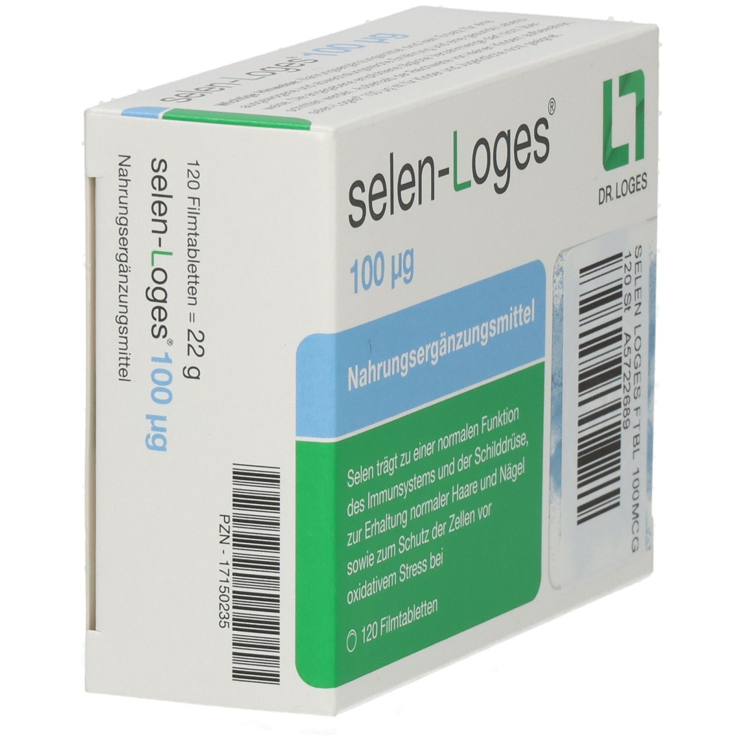 Schachtel Selen-Loges 100 µg. Grün-weiß. Schriftzug, Logo. 120 Filmtabletten. Nahrungsergänzungsmittel. Text in Deutsch.