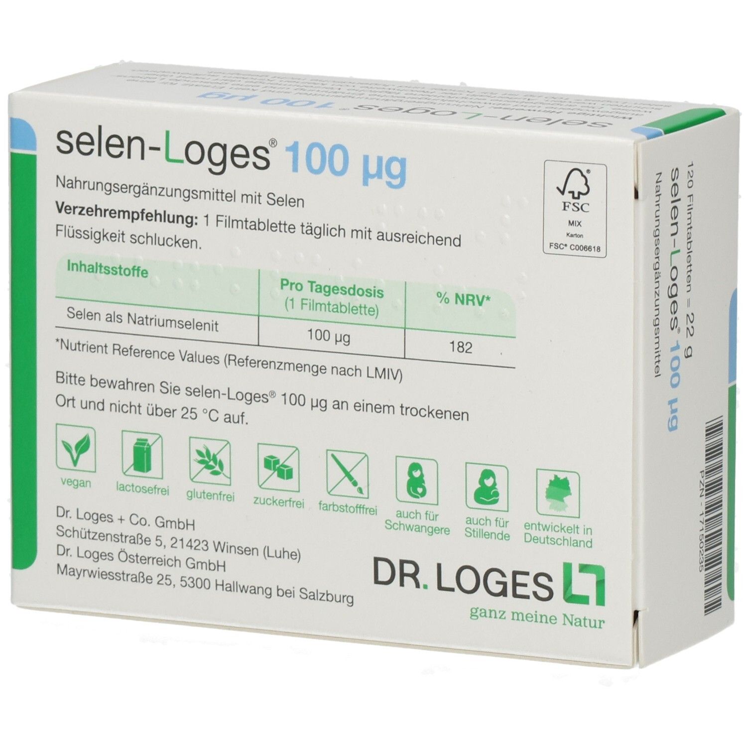 Rückseite der Schachtel Selen-Loges 100 µg. Text in Deutsch. Inhaltsstoffe, Verzehrempfehlung. FSC-Siegel. Vegan-Logo.