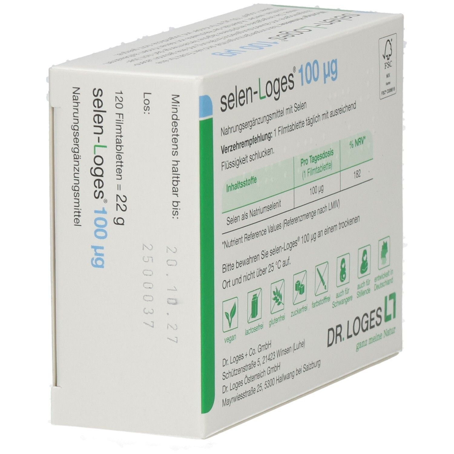 Rückseite der Schachtel Selen-Loges 100 µg. Text in Deutsch. Mindesthaltbarkeit. Inhaltsstoffe. Vegan-Logo.