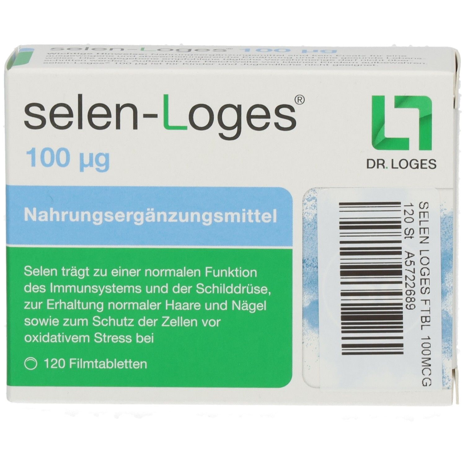 Schachtel Selen-Loges 100 µg. Grün-weiß. Schriftzug, Logo. 120 Filmtabletten. Nahrungsergänzungsmittel. Text in Deutsch.