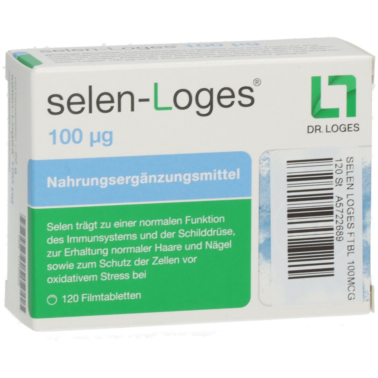 Schachtel Selen-Loges 100 µg. Grün-weiß. Schriftzug, Logo. 120 Filmtabletten. Nahrungsergänzungsmittel. Text in Deutsch.