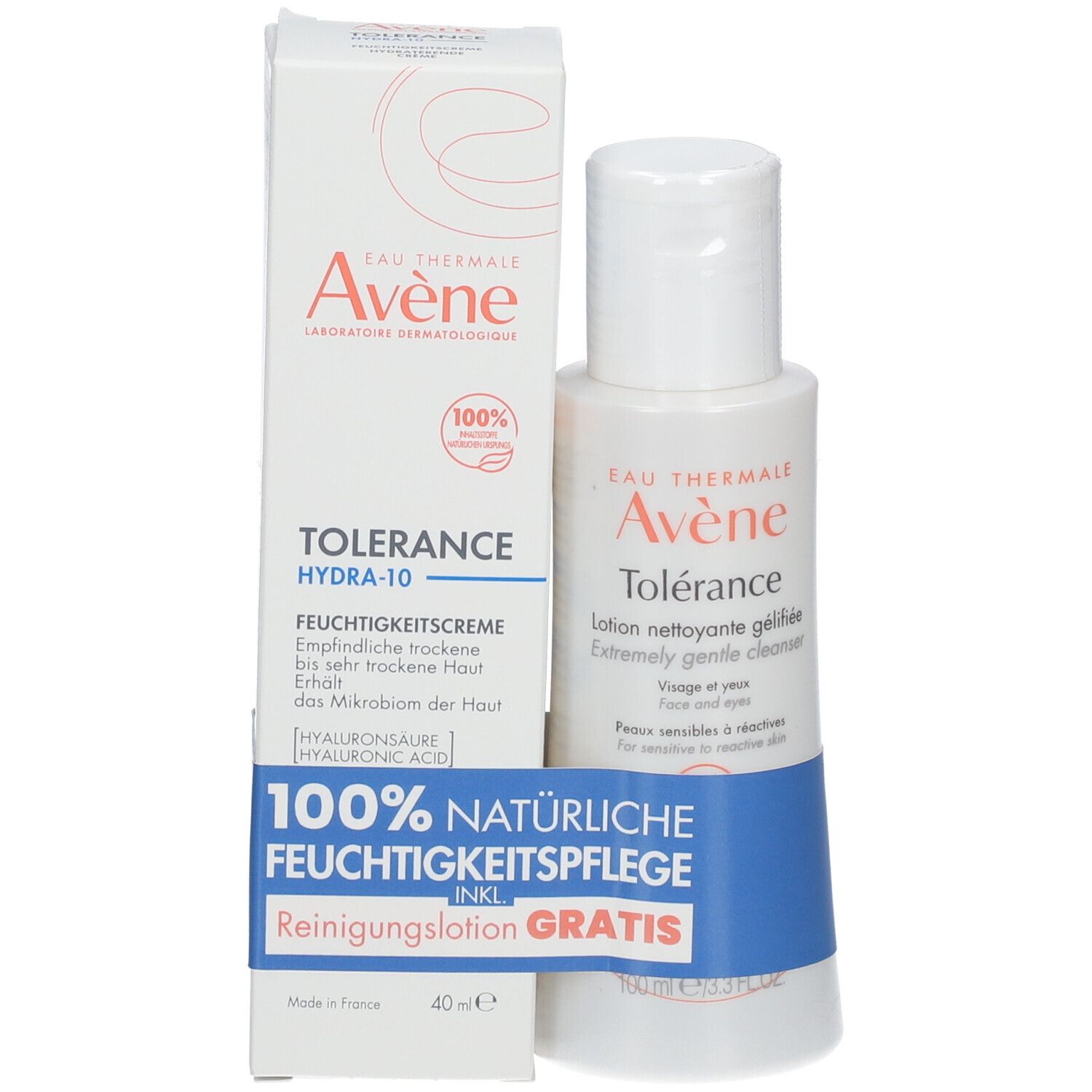 Avène Tolerance Hydra-10 Feuchtigkeitscreme und Tolérance Reinigungslotion. Weiße Flasche und Karton mit Produktinformationen und Logo.