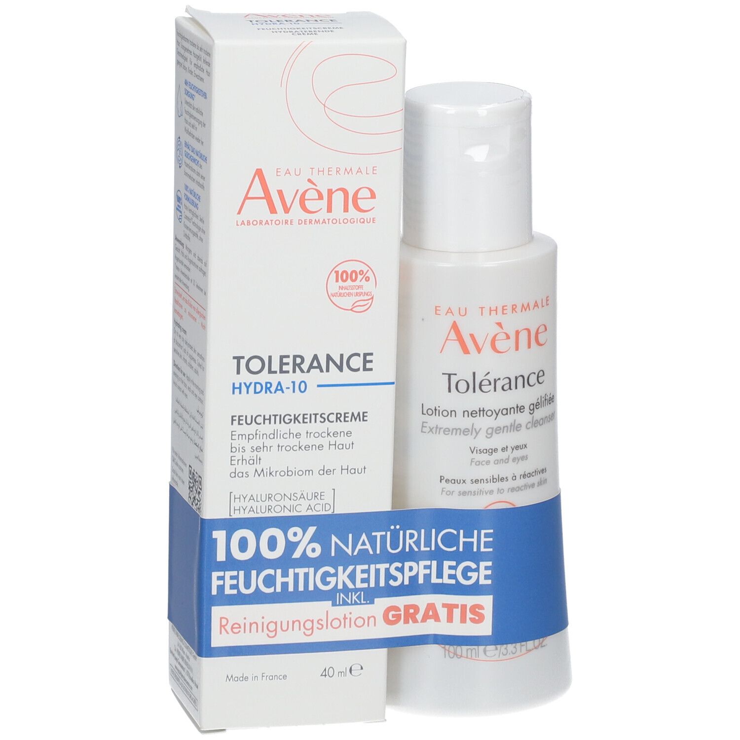 Avène Tolerance Hydra-10 Feuchtigkeitscreme und Tolérance Reinigungslotion. Weiße Flasche und Karton mit Produktinformationen.