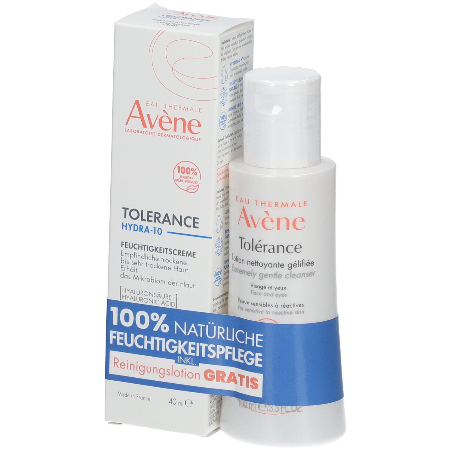 Avène Tolerance Hydra-10 Feuchtigkeitscreme und Tolérance Reinigungslotion. Weiße Flasche und Karton mit Produktinformationen.