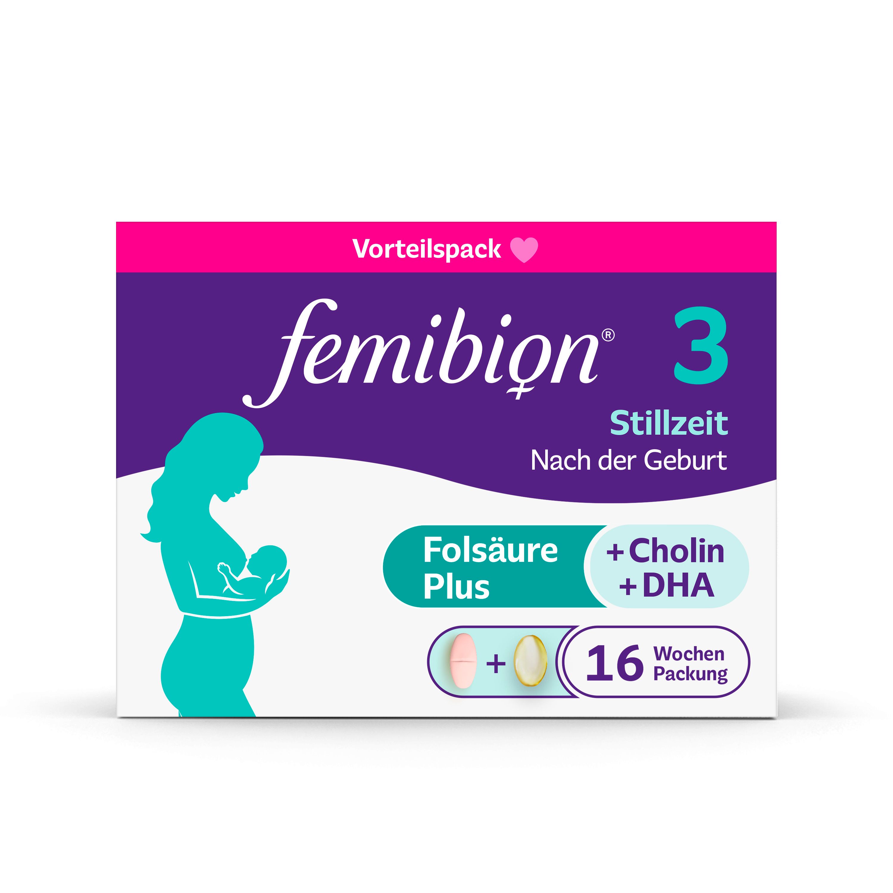 Femibion® 3 Stillzeit Nahrungsergänzung, Cholin, DHA, Folsäure Plus⁶