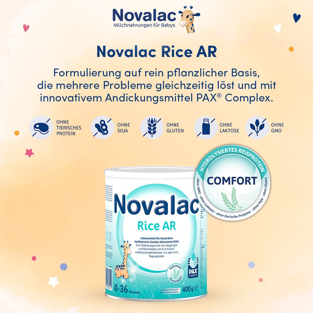 Dose Novalac Rice AR. Aufschrift: Rice AR, ohne tierisches Protein, ohne Soja, ohne Gluten.