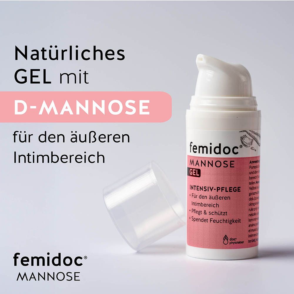femidoc® Mannose Gel mit Pumpspender, Kappe daneben.