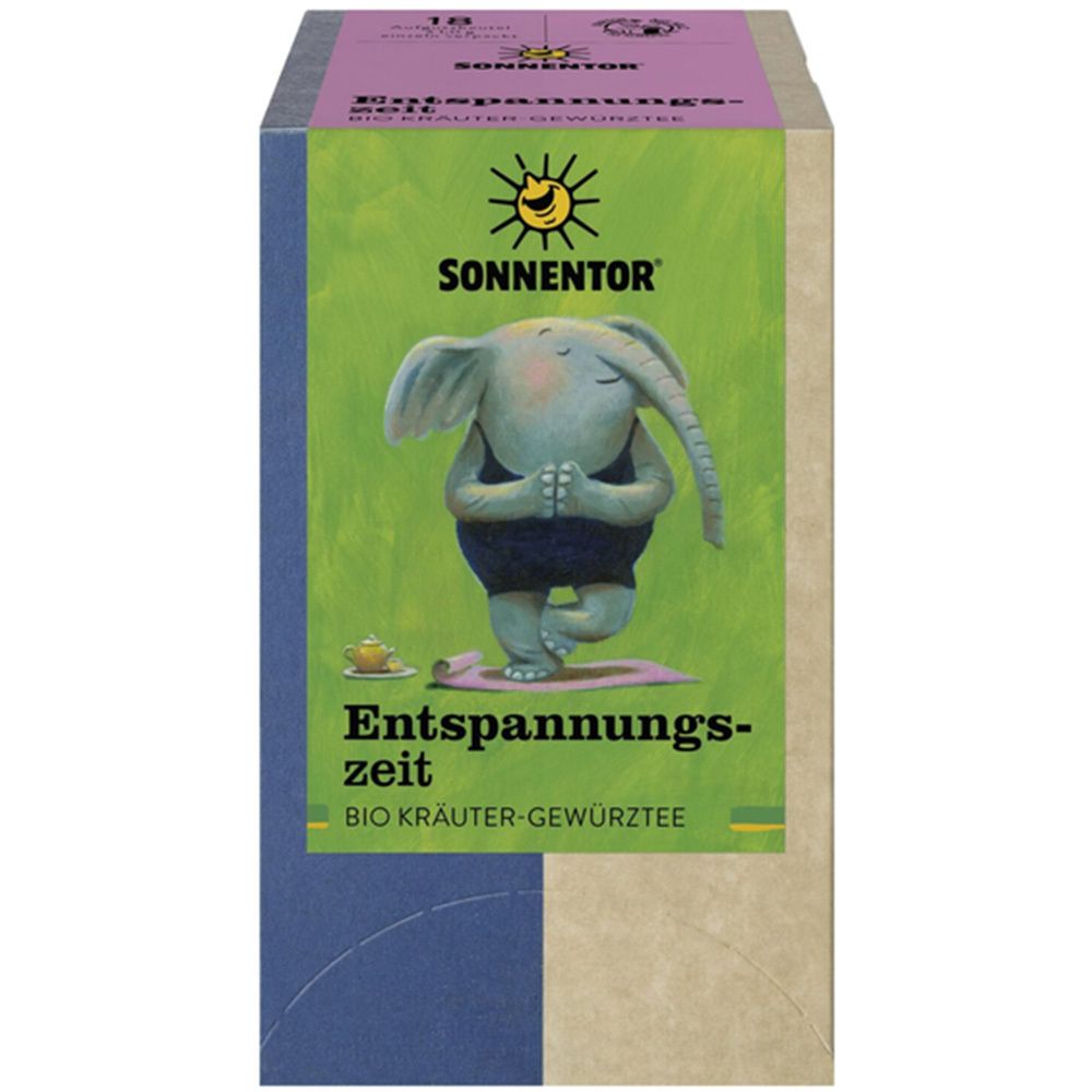 Sonnentor Entspannungszeit Bio Kräuter-Gewürztee Verpackung mit Elefant in Yoga-Pose.