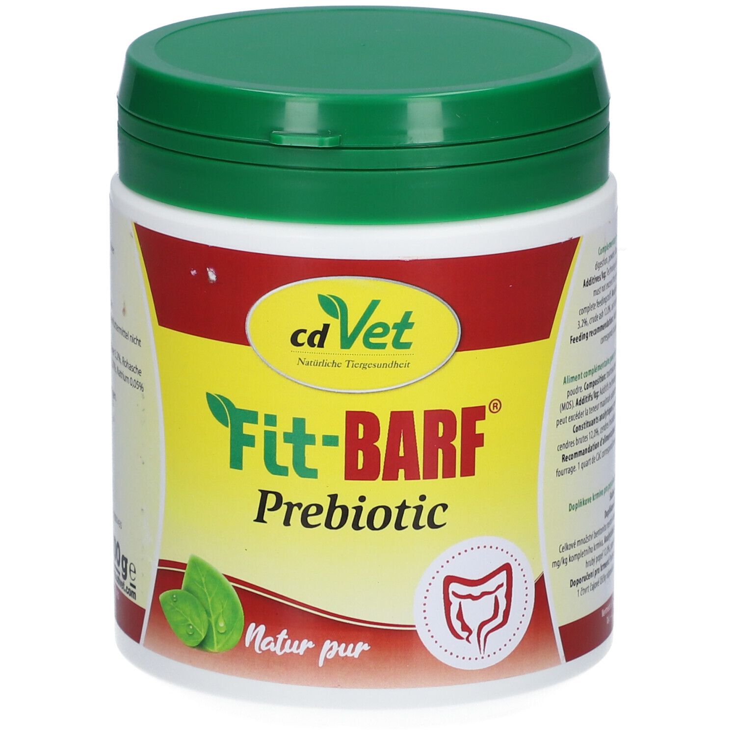 Weißer Behälter mit grünem Deckel. Aufschrift: cdVet Fit-BARF Prebiotic. Illustration Darm. Natur pur.