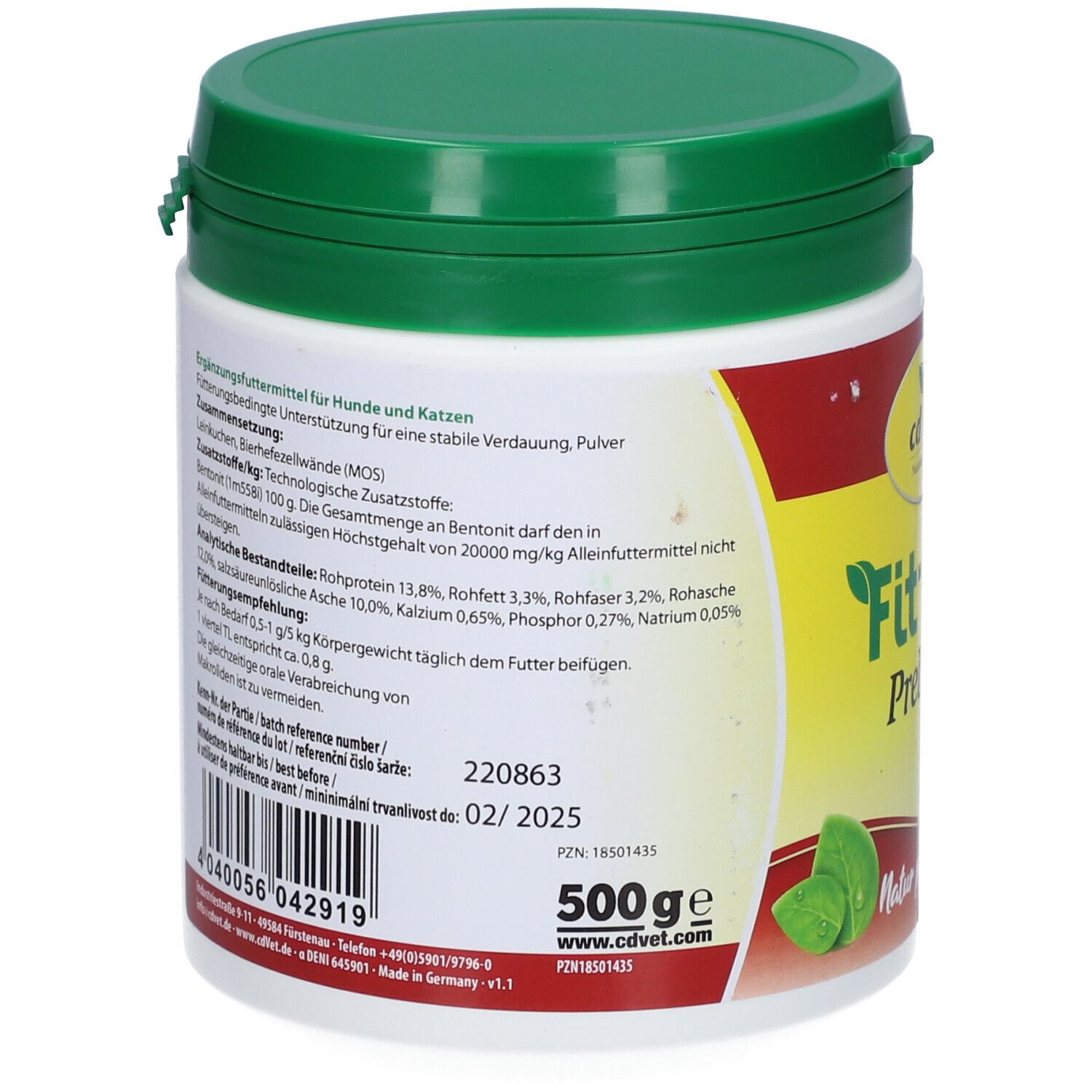Weißer Behälter mit grünem Deckel. Rückseite mit Text und Inhaltsangaben. Aufschrift: 500ge. Mindestens haltbar bis: 02/2025.