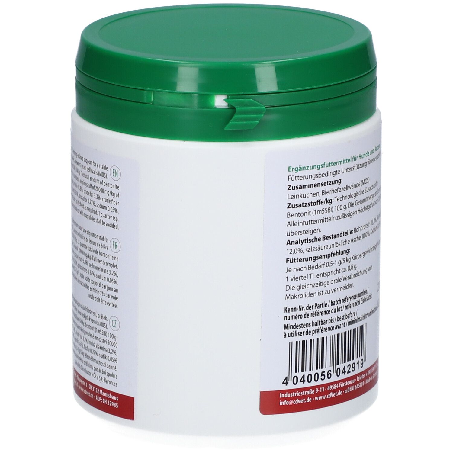 Weißer Behälter mit grünem Deckel. Rückseite mit Text und Inhaltsangaben. Aufschrift: 500ge.