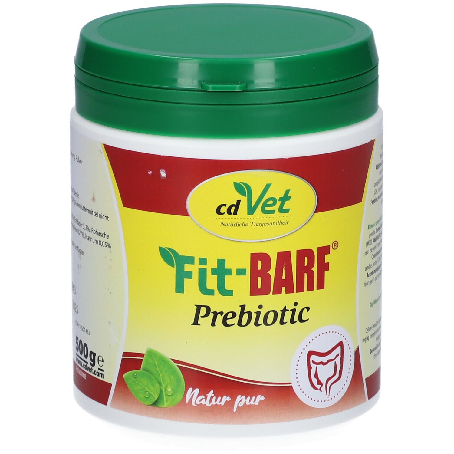 Weißer Behälter mit grünem Deckel. Aufschrift: cdVet Fit-BARF Prebiotic. Illustration Darm. Natur pur. 500ge.