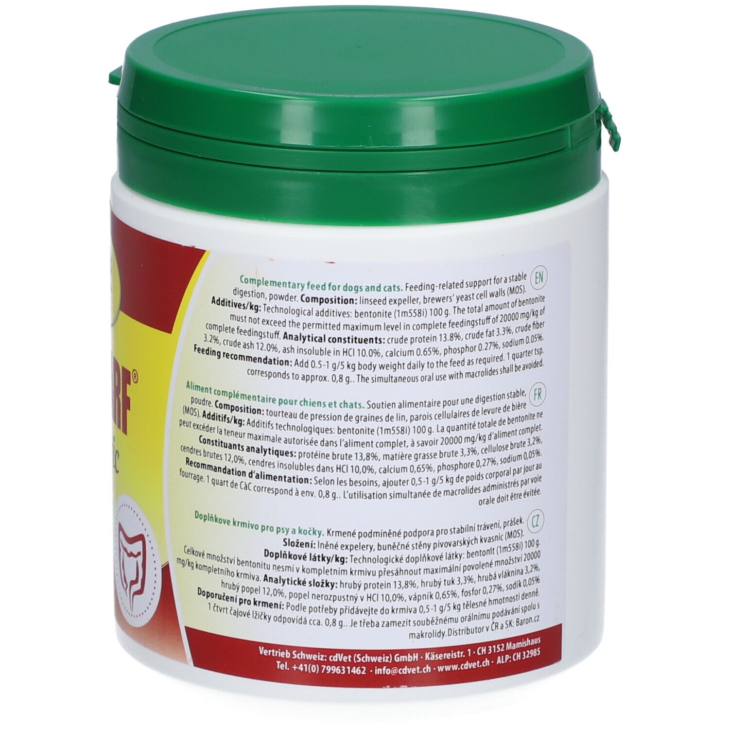 Weißer Behälter mit grünem Deckel. Rückseite mit Text und Inhaltsangaben. Illustration Darm.