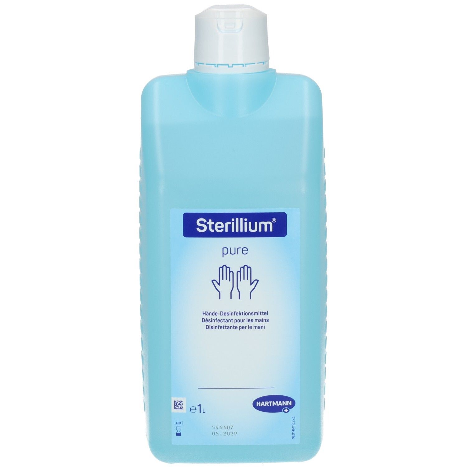 Sterillium pure Händedesinfektionsmittel in hellblauer Flasche mit weißem Verschluss. Zeigt Händesymbol.