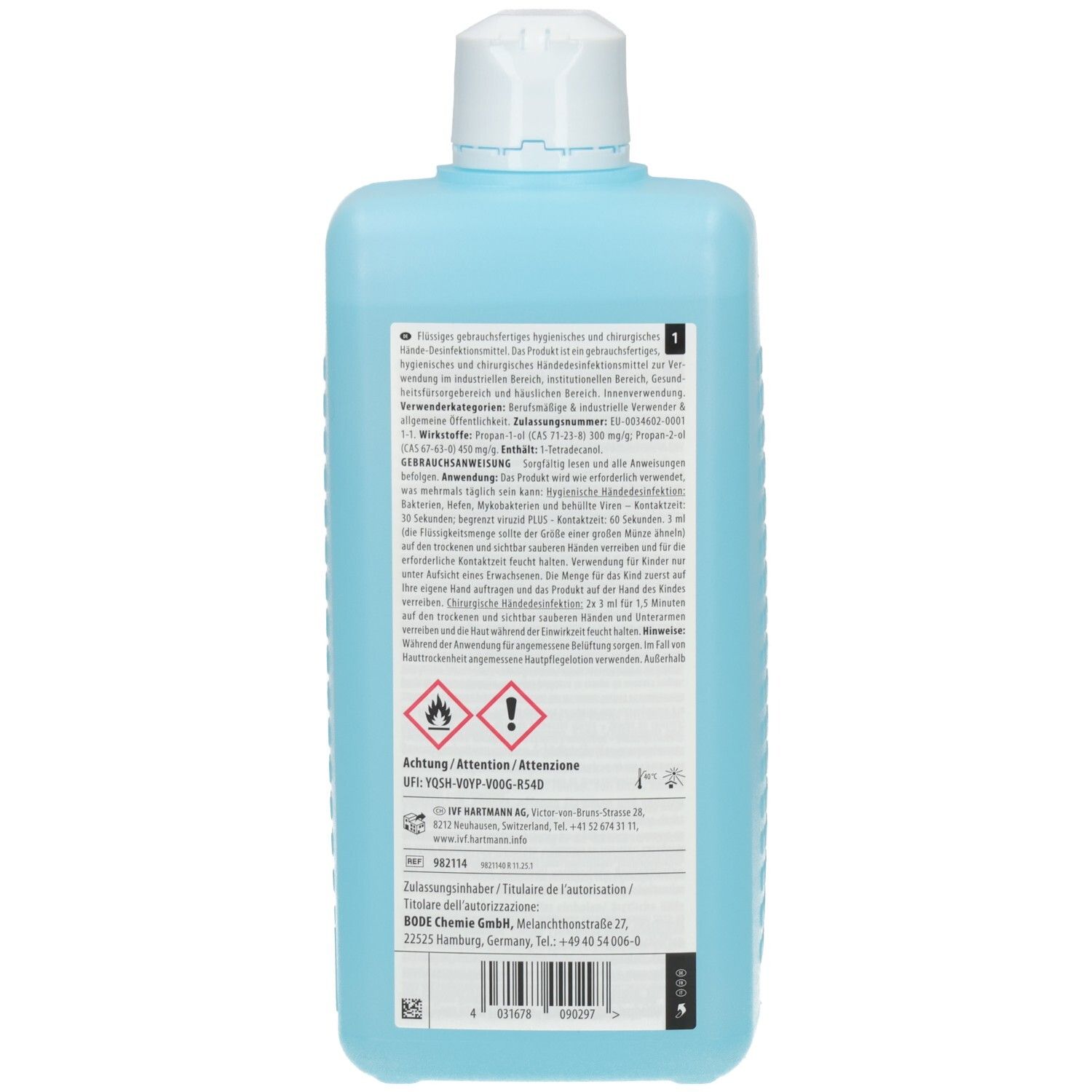 Rückseite einer hellblauen Sterillium pure Händedesinfektionsmittelflasche mit Warnsymbolen und Produktinformationen.