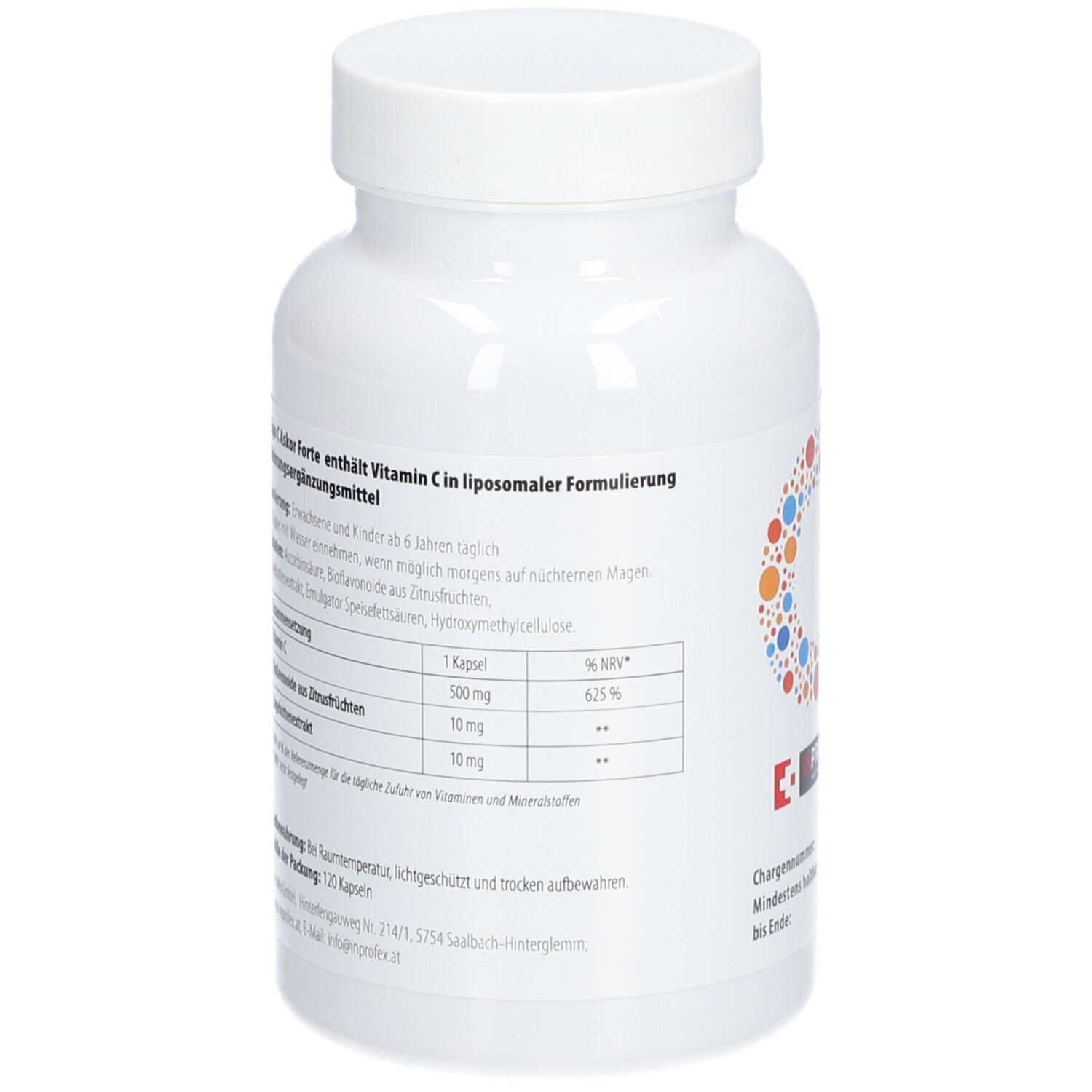 Weiße Flasche von LIPO-C-ASKOR Forte. Rückseite mit Inhaltsangaben. Enthält 120 Kapseln.