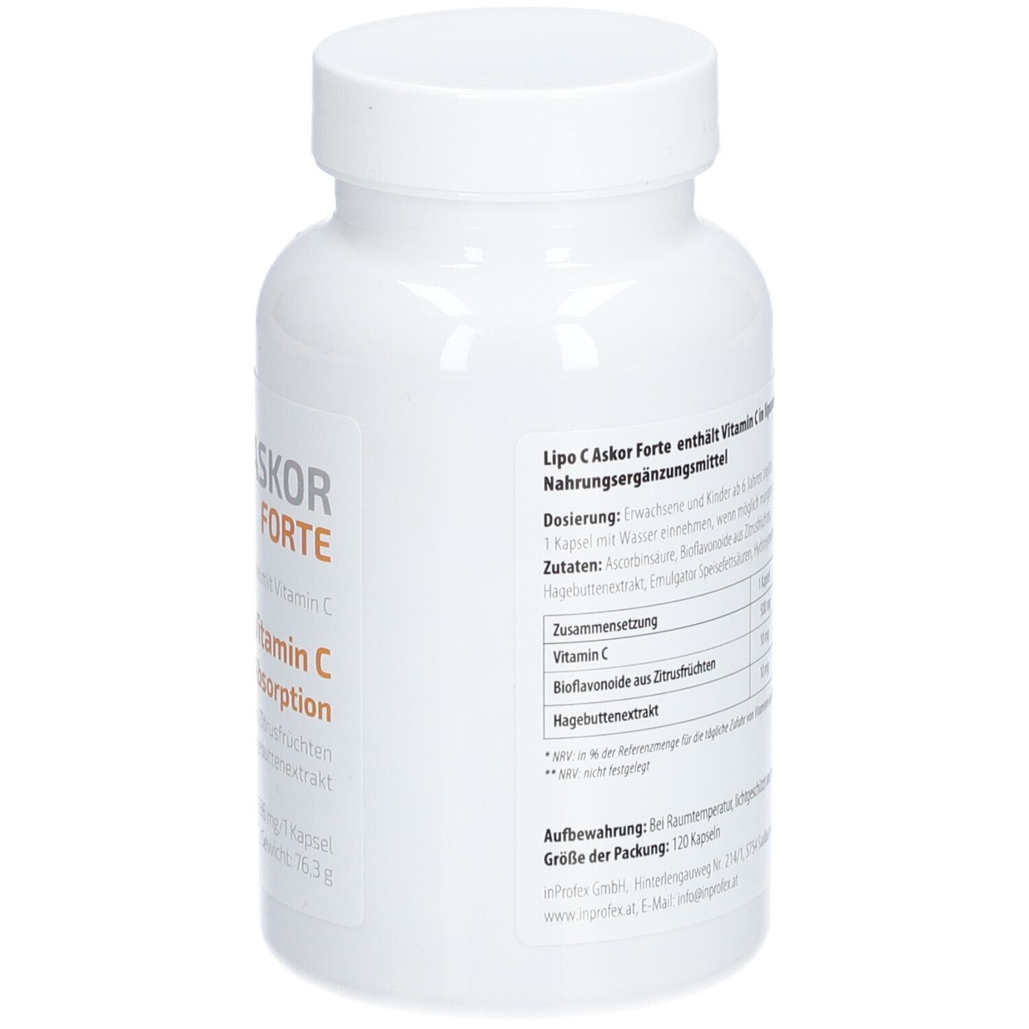 Weiße Flasche von LIPO-C-ASKOR Forte. Rückseite mit Inhaltsangaben. Enthält 120 Kapseln.