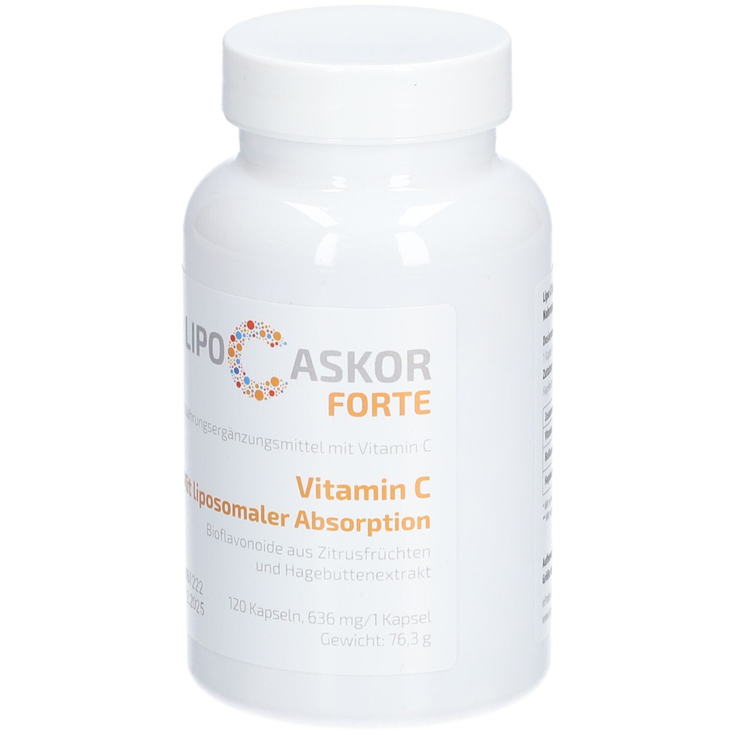 Weiße Flasche von LIPO-C-ASKOR Forte. Aufschrift: Vitamin C, liposomale Absorption. Enthält 120 Kapseln.