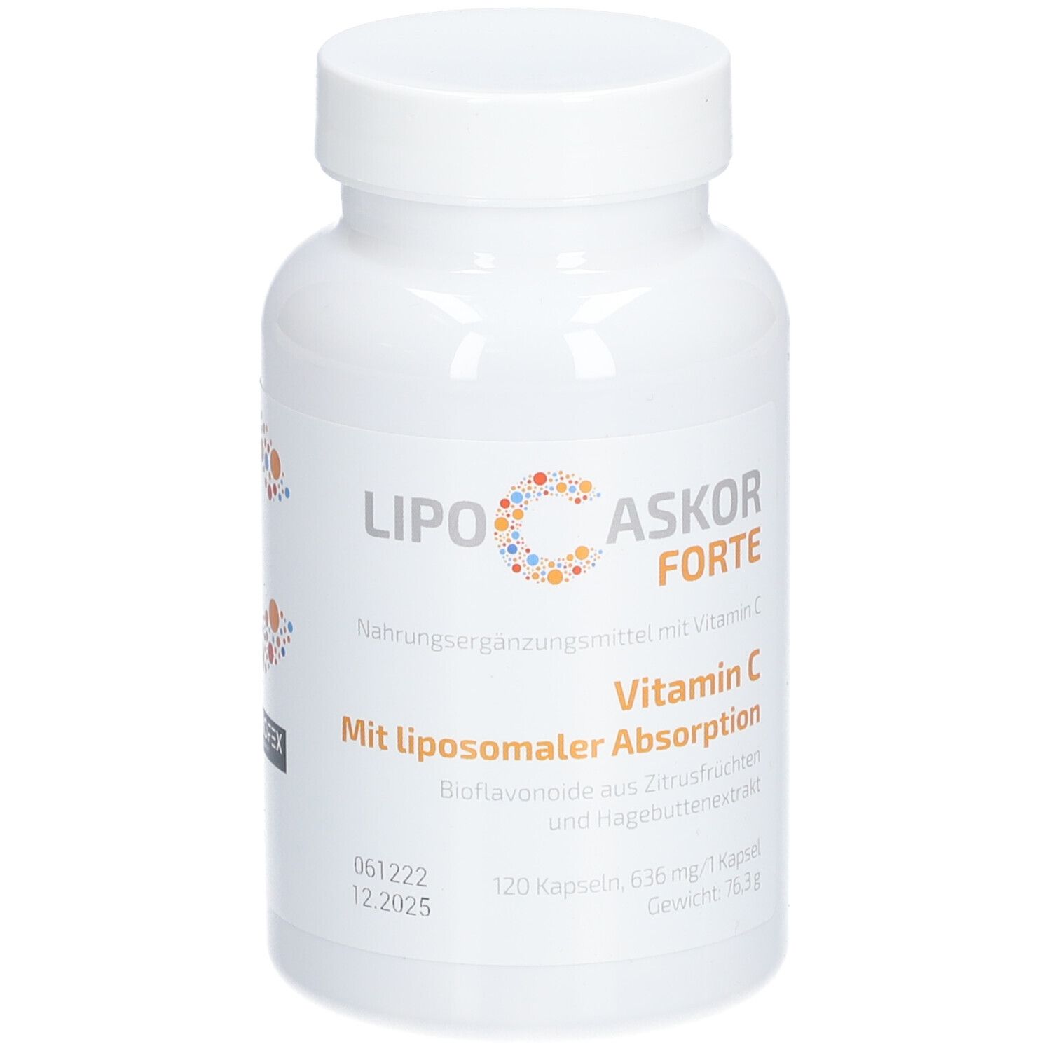 Weiße Flasche von LIPO-C-ASKOR Forte. Aufschrift: Vitamin C, liposomale Absorption. Enthält 120 Kapseln.