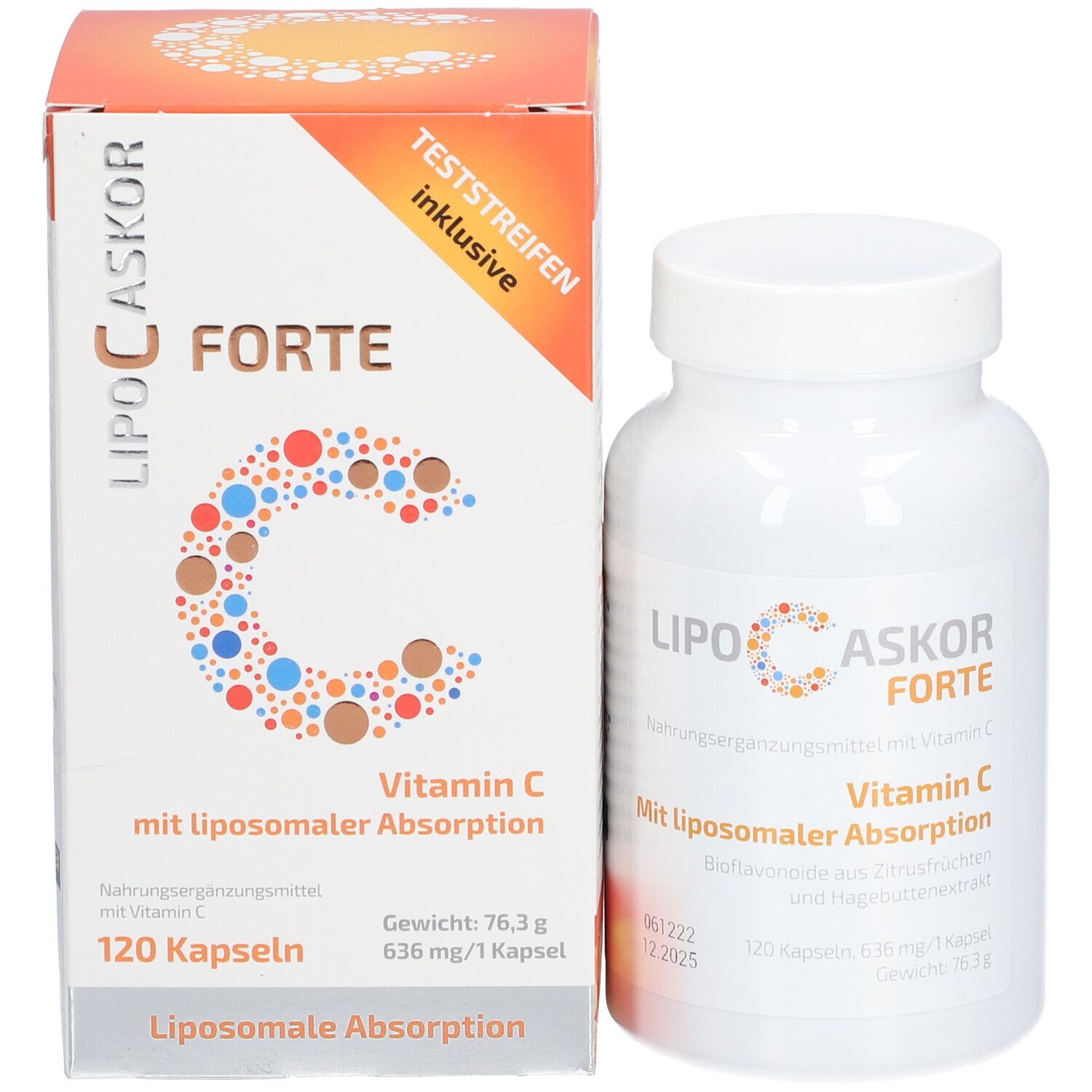 Weiße Flasche und Karton von LIPO-C-ASKOR Forte. Enthält 120 Kapseln. Orangefarbene und blaue Akzente.