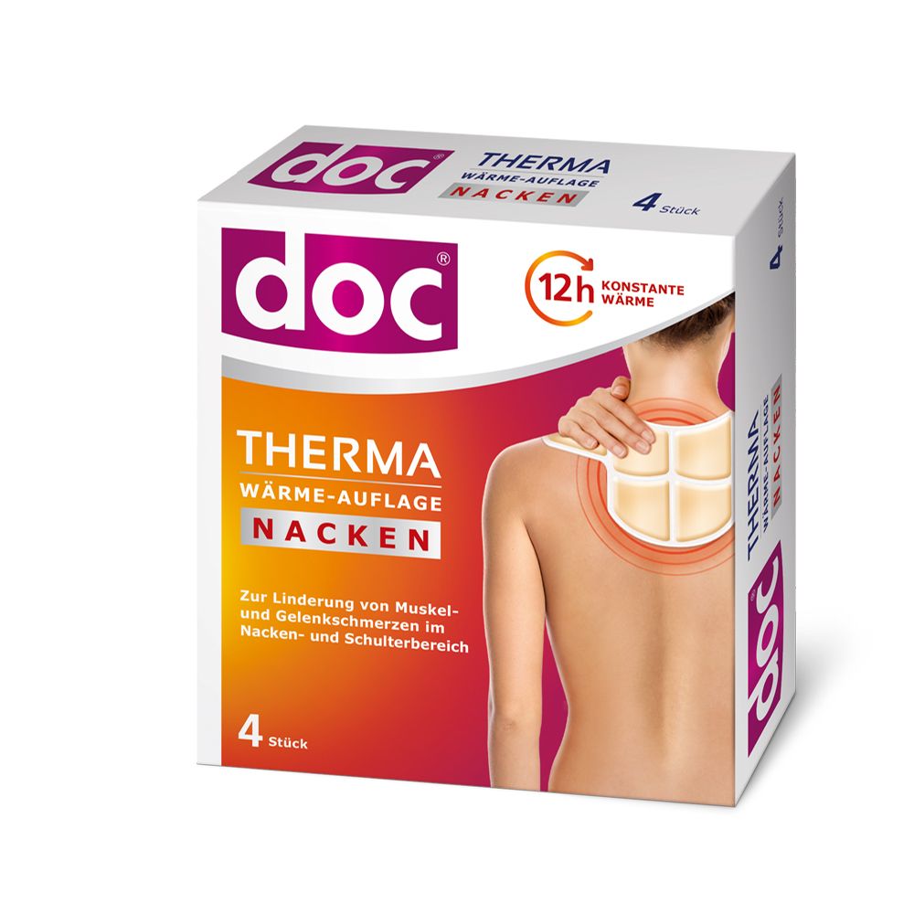 Schachtel mit DOC THERMA NACKEN Wärme-Auflage. 4 Stück. Text: Zur Linderung von Muskel- und Gelenkschmerzen im Nacken- und Schulterbereich.