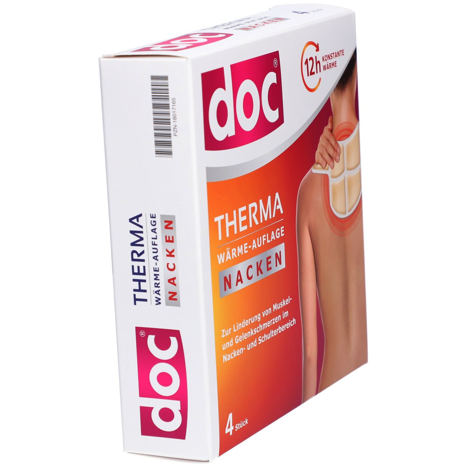 Schräg gestellte Verpackung von DOC THERMA NACKEN. Aufdruck: THERMA WÄRME-AUFLAGE NACKEN. 4 Stück. 12h konstante Wärme.