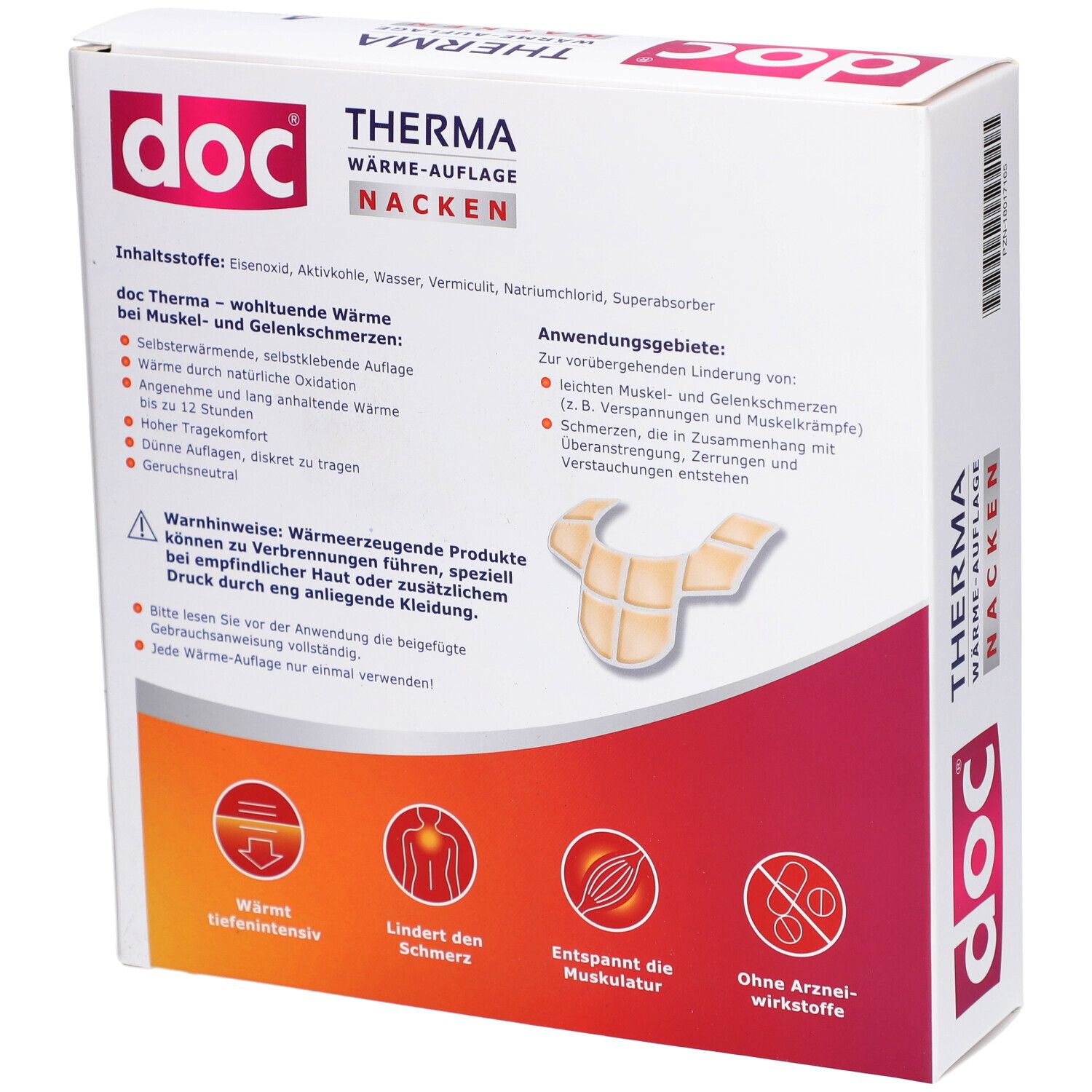 Rückseite der Verpackung von DOC THERMA NACKEN. Text: Inhaltsstoffe, Anwendung, Warnhinweise. Abbildungen: Wärme, Schmerz, Muskeln.