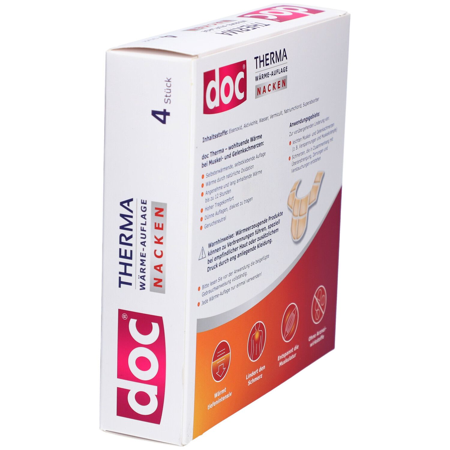 Schräg gestellte Verpackung von DOC THERMA NACKEN. Aufdruck: THERMA WÄRME-AUFLAGE NACKEN. 4 Stück. Rückseite mit Text und Abbildungen.
