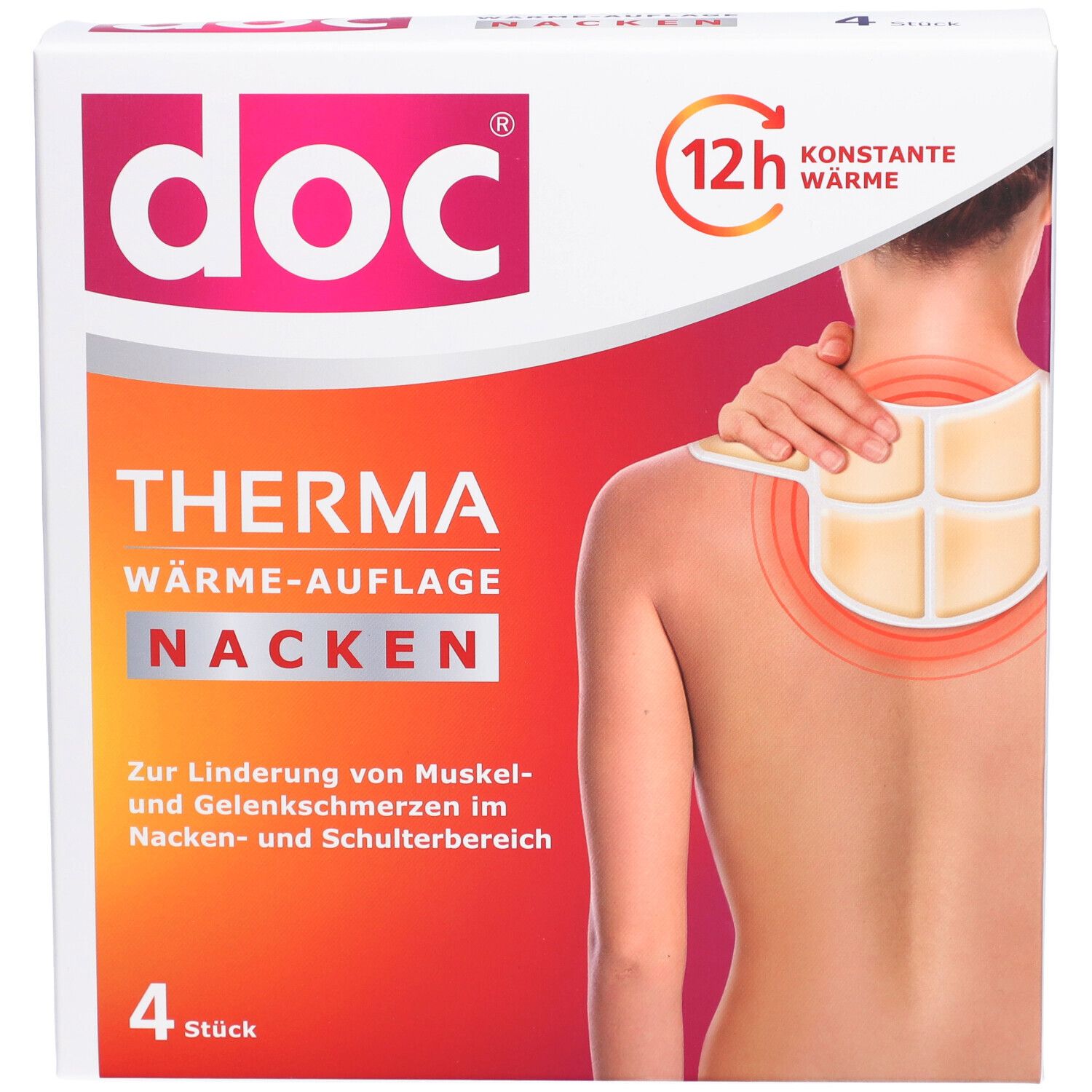 Verpackung von DOC THERMA NACKEN. Enthält 4 Stück. Aufdruck: THERMA WÄRME-AUFLAGE NACKEN. 12h konstante Wärme. Frau mit Wärmepflaster.
