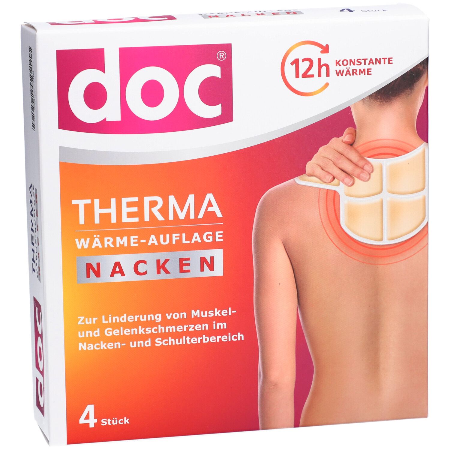 Verpackung von DOC THERMA NACKEN. Enthält 4 Stück. Aufdruck: THERMA WÄRME-AUFLAGE NACKEN. 12h konstante Wärme. Frau mit Wärmepflaster.