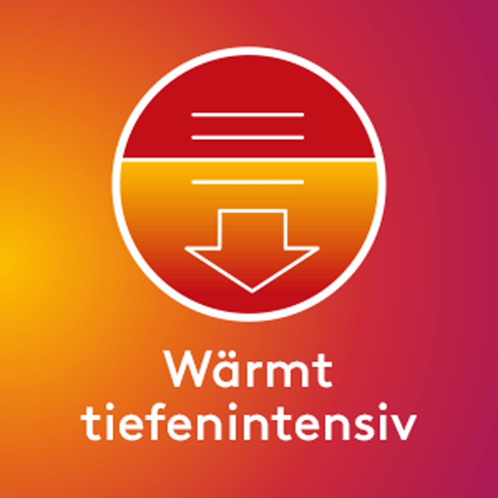 Symbol mit Pfeil nach unten, umgeben von einem Kreis. Text: Wärmt tiefenintensiv.