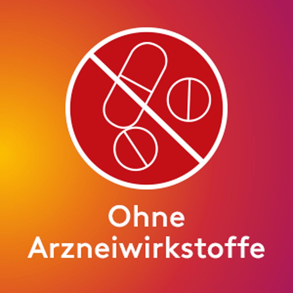 Symbol mit durchgestrichenen Tabletten. Text: Ohne Arzneimittel.