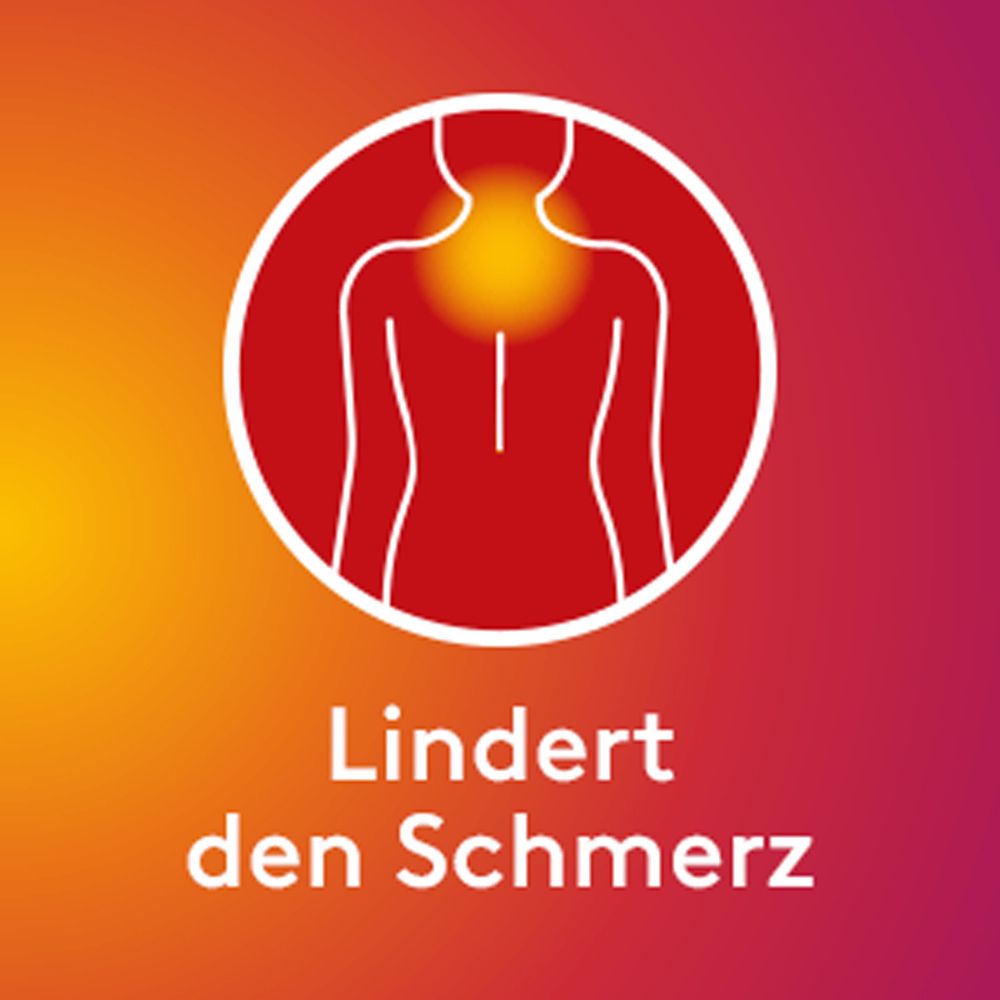 Symbol mit einem Rücken, der einen gelben Punkt hat. Text: Lindert den Schmerz.