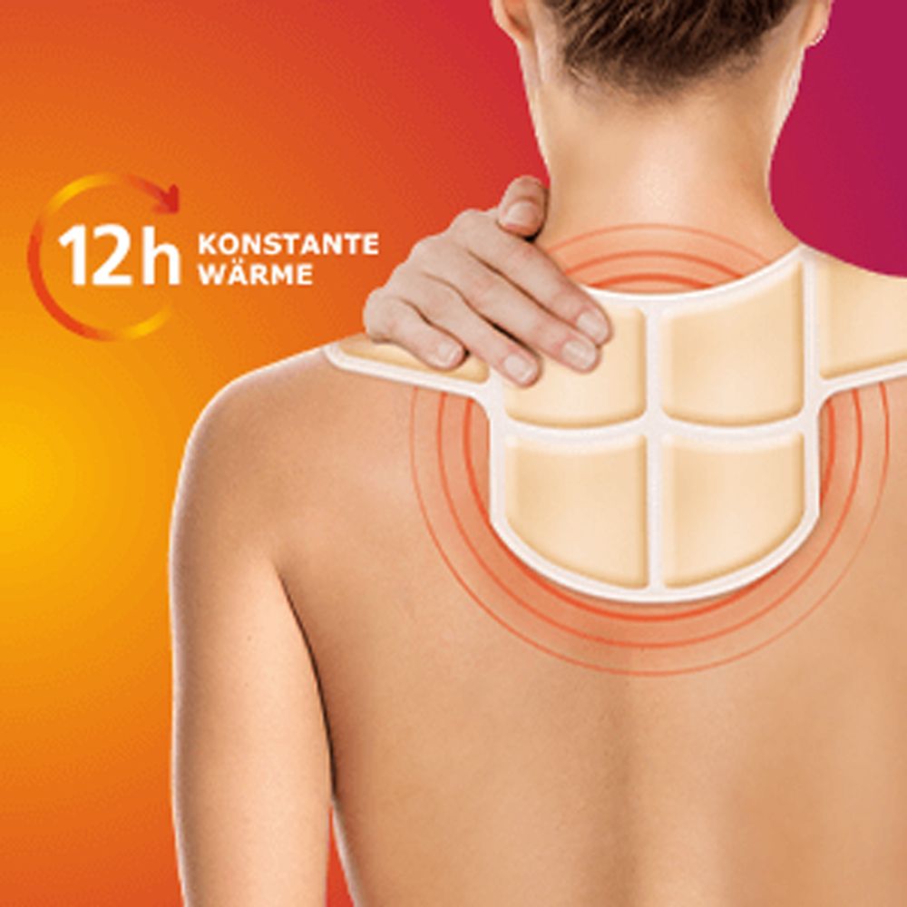 Person mit Wärme-Auflage auf dem Nacken. Roter Kreis um den Nacken. Text: 12h konstante Wärme.