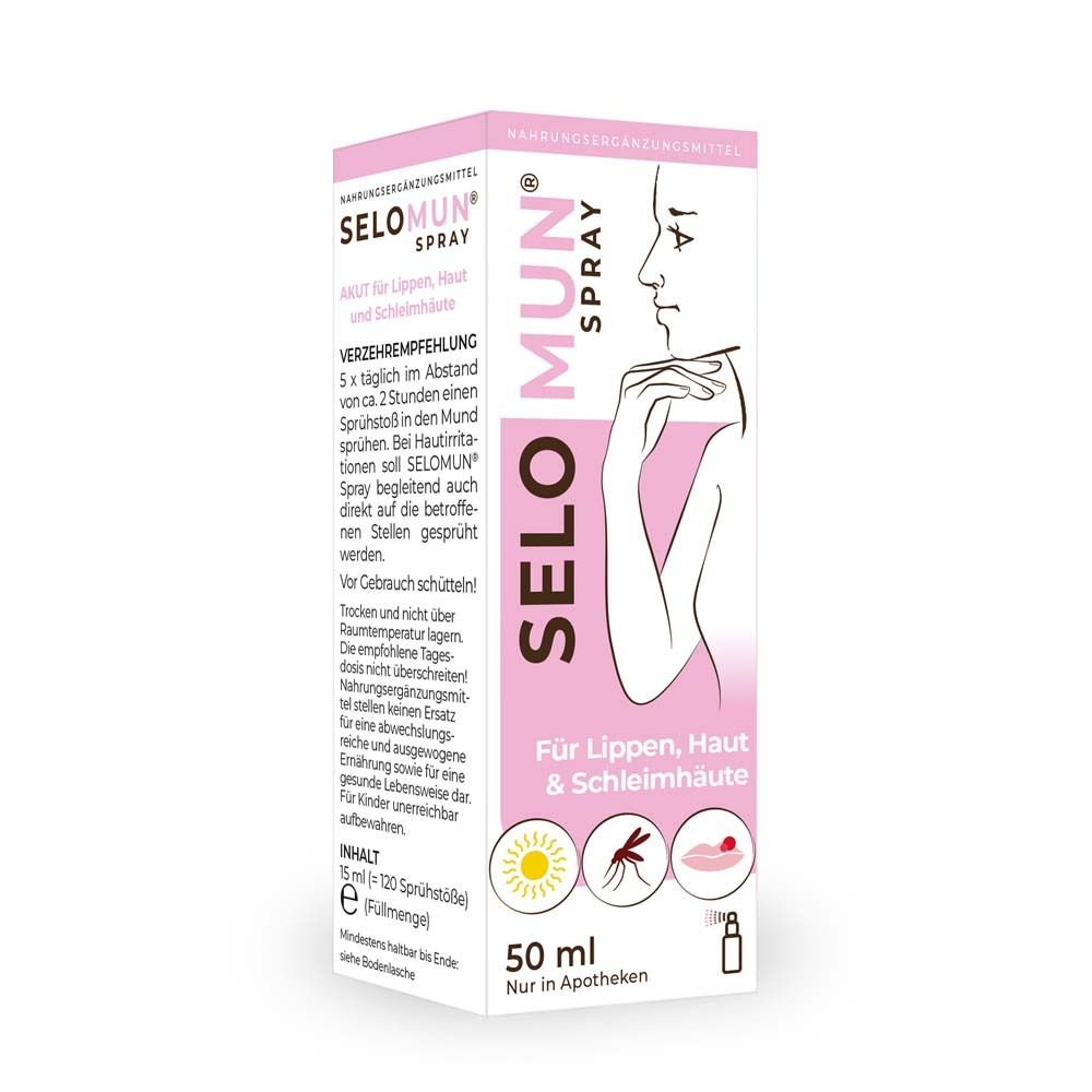 Selo Mun® Spray-Verpackung. Rosa und weiß. Enthält 50 ml. Für Lippen, Haut & Schleimhäute. Mit Illustration.