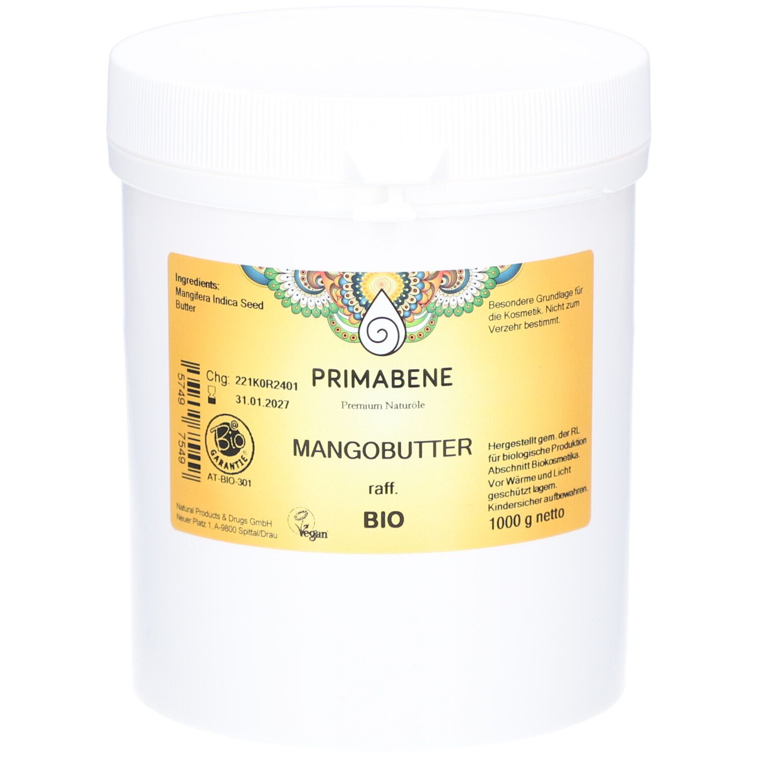 Weißer Behälter mit Deckel. Aufkleber mit Produktinformationen: PRIMABENE, Mangobutter BIO, raff., 1000 g netto. Bio-Siegel.