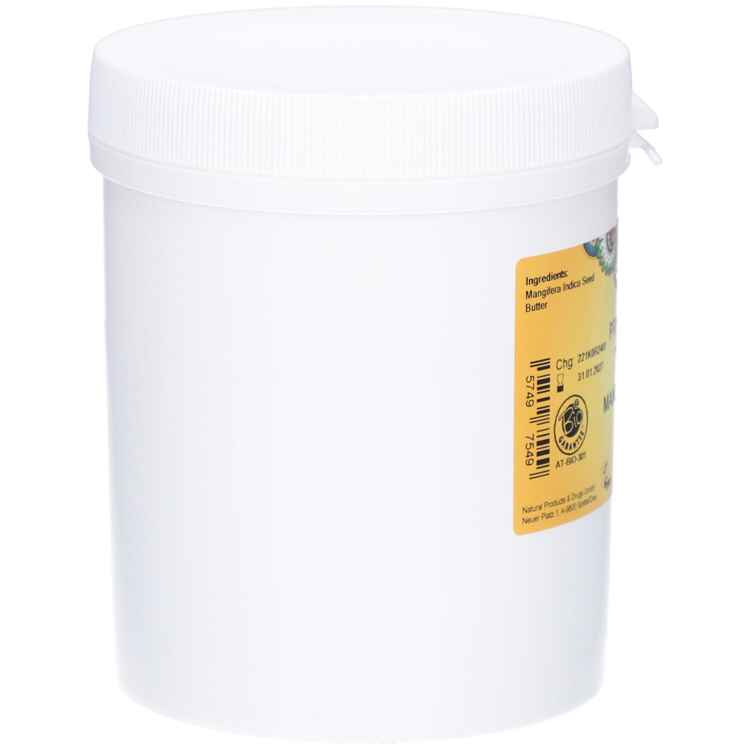 Weißer Behälter mit Deckel. Aufkleber mit Produktinformationen: PRIMABENE, Mangobutter BIO, raff. Bio-Siegel und Chargennummer.
