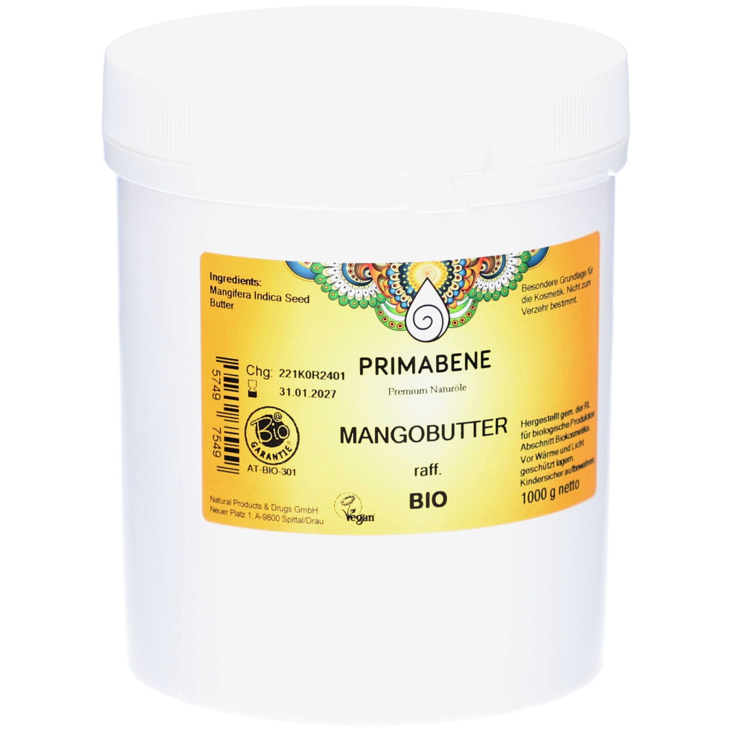 Weißer Behälter mit Deckel. Aufkleber mit Produktinformationen: PRIMABENE, Mangobutter BIO, raff., 1000 g netto. Bio-Siegel.