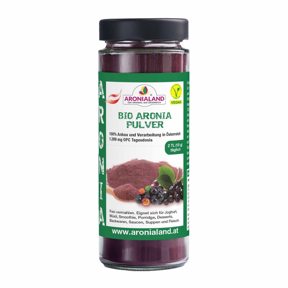 ARONIALAND Bio Aronia Pulver in Glasflasche, 100% aus Österreich, vegan.