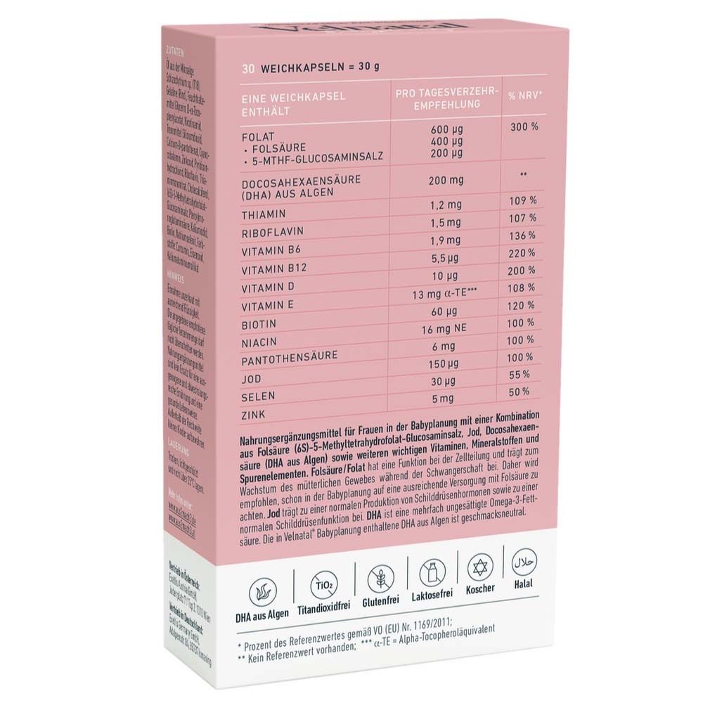 Rückseite der rosa Schachtel. Enthält Nährwertangaben und Inhaltsstoffe. Text in Deutsch.